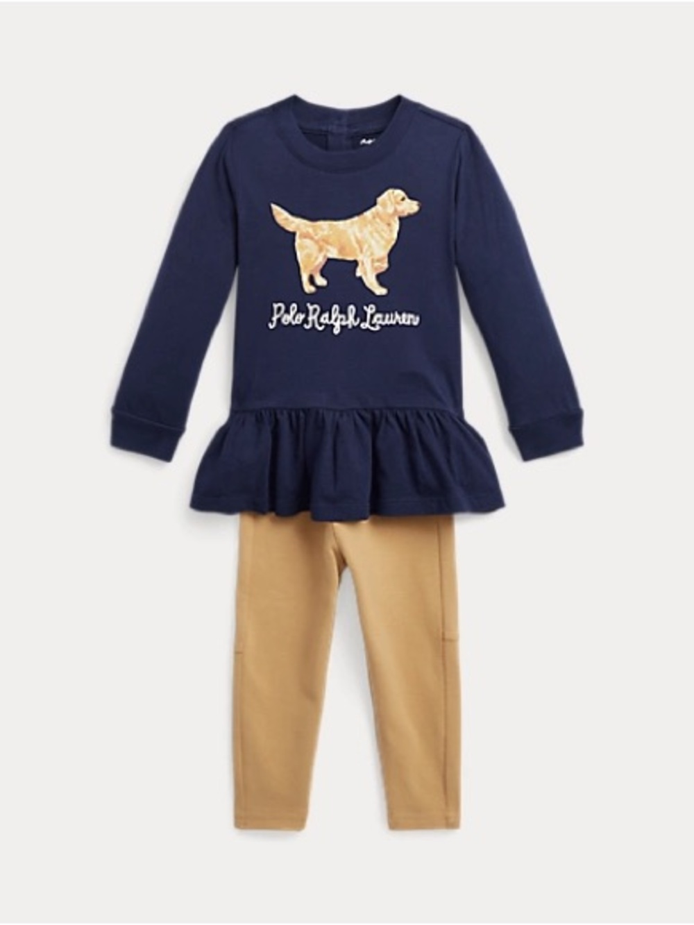 Polo Ralph Lauren Navy Peplum Top & Khaki Leggings Set /dog print size 24 mo GUC
